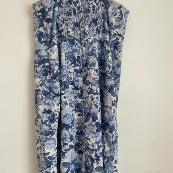 Abercrombie Linen Floral Strapless Midi Dress XL - Blue/White - Picture 2 of 4